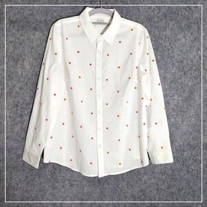 Lemon Way Shirt M Poplin Button Embroidered Polka Dots White Preppy‎ Cottage